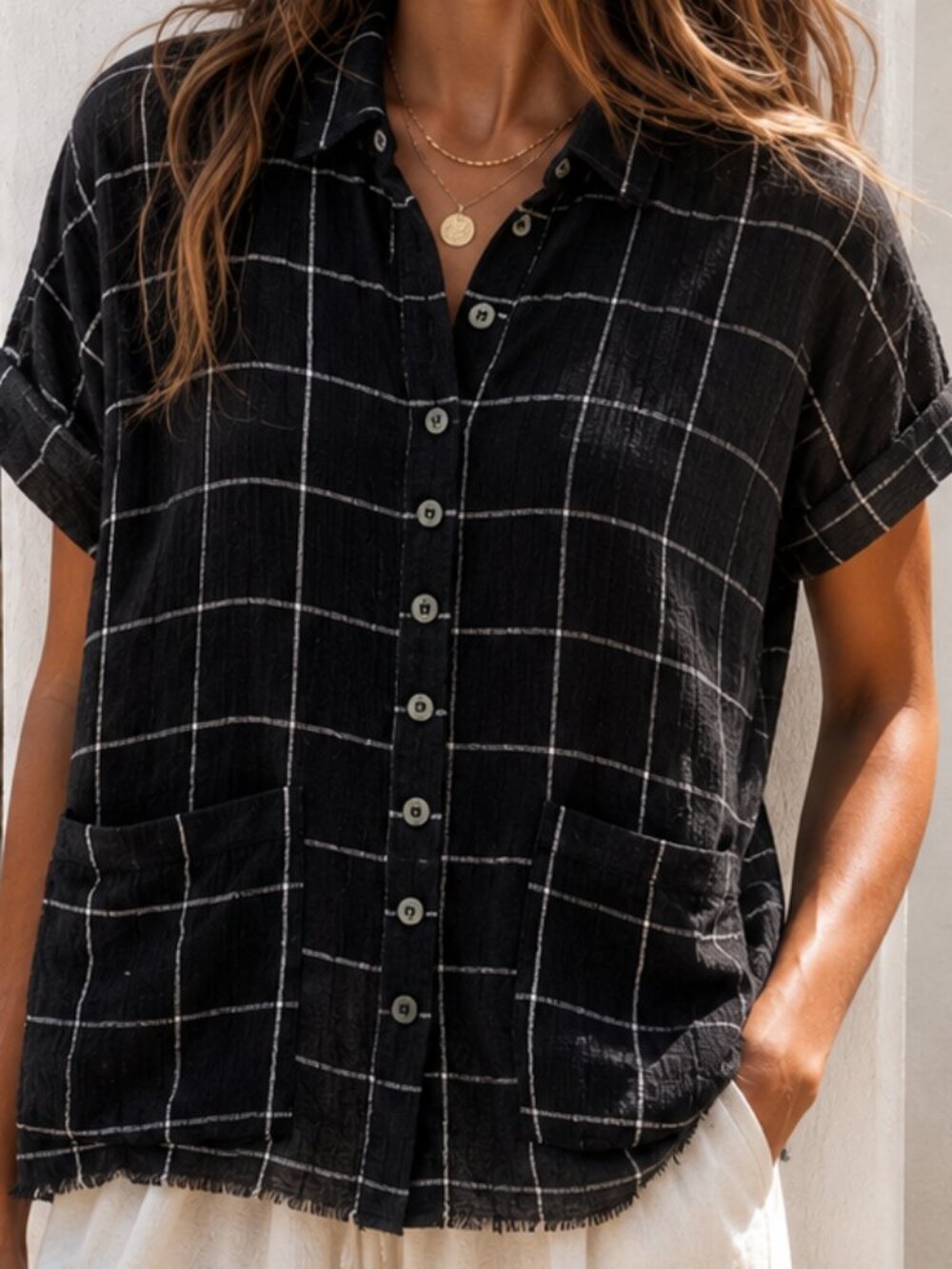 lira black windowpane gauze cotton button front camp shirt oversized pockets med